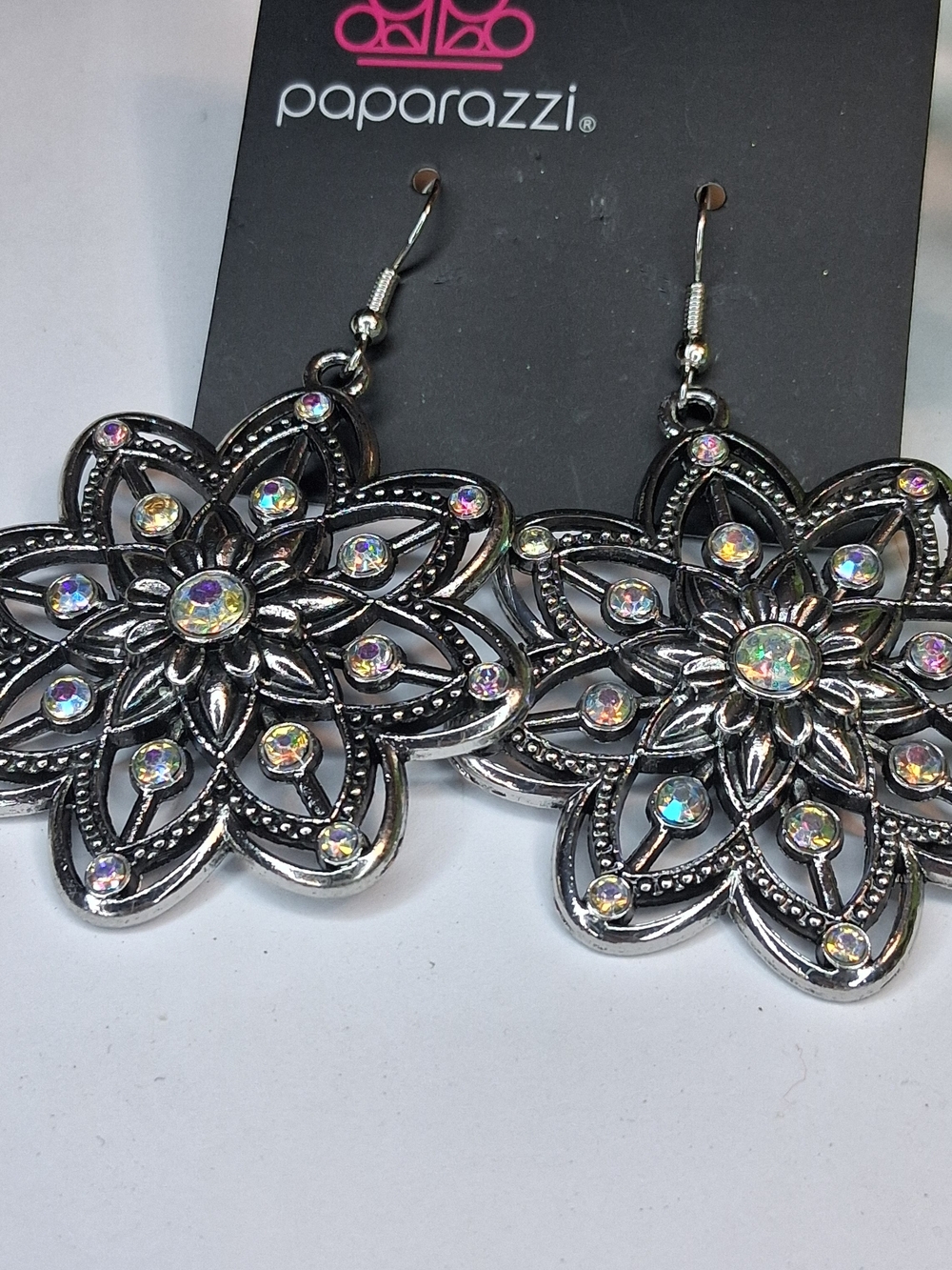 Silver Floral Statement Earrings With Multi-color Iridescent Rhinestones